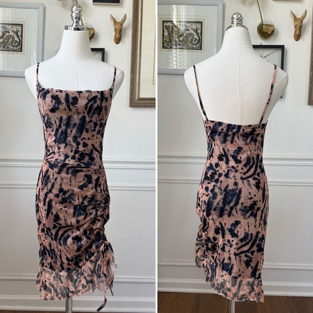 Pretty Little Thing Mesh Bodycon Ruched Mini Dress Dark Blue Beige Peach 4